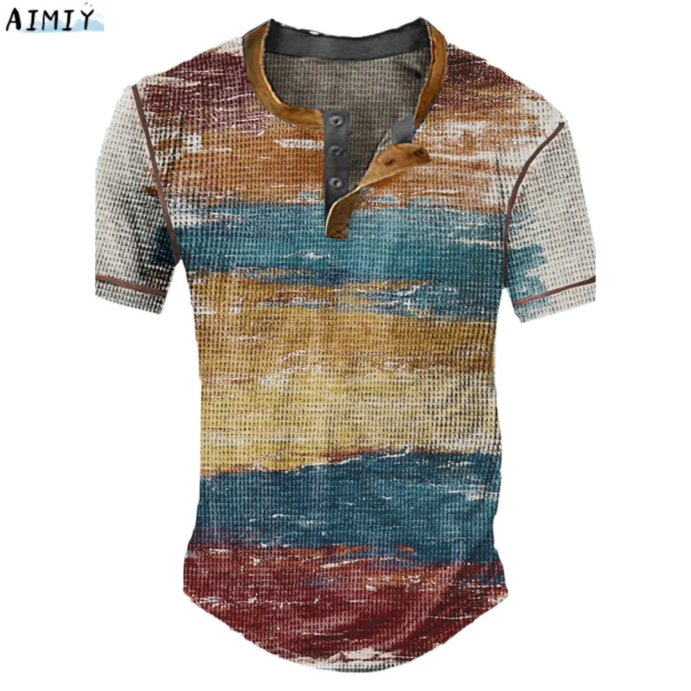 Mens Waffle Henley Oversize Tshirts Man Shirt Graphic Plaid Color Block Clothing Apparel 3D Print Short Sleeve Button Fashion 250207