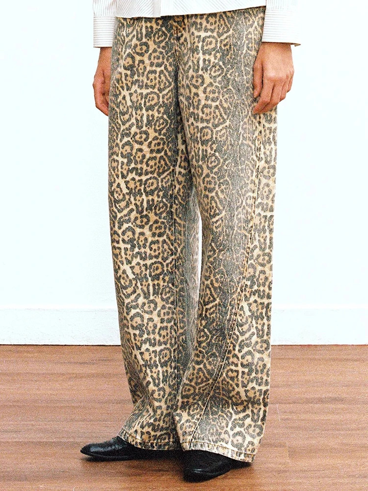 Vintage Leopard Print Jeans Women 2025 Oversize Casual Hip Pop Wide Leg Trouser Fashion Loose Denim Pants 250206