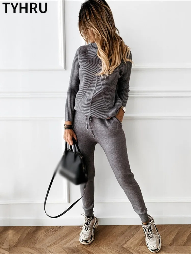 TYHRU Autumn Winter Womens tracksuit Solid Color Striped Turtleneck Sweater and Elastic Trousers Suits Knitted Two Piece Set 250207