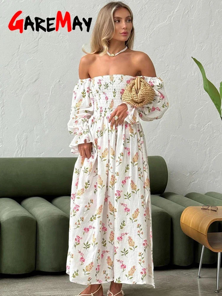 Womens Summer Cotton Dress 100 Elegant Ruffle Midi Floral Print with Side Slits Flower Vintage Muslin for Women 250207