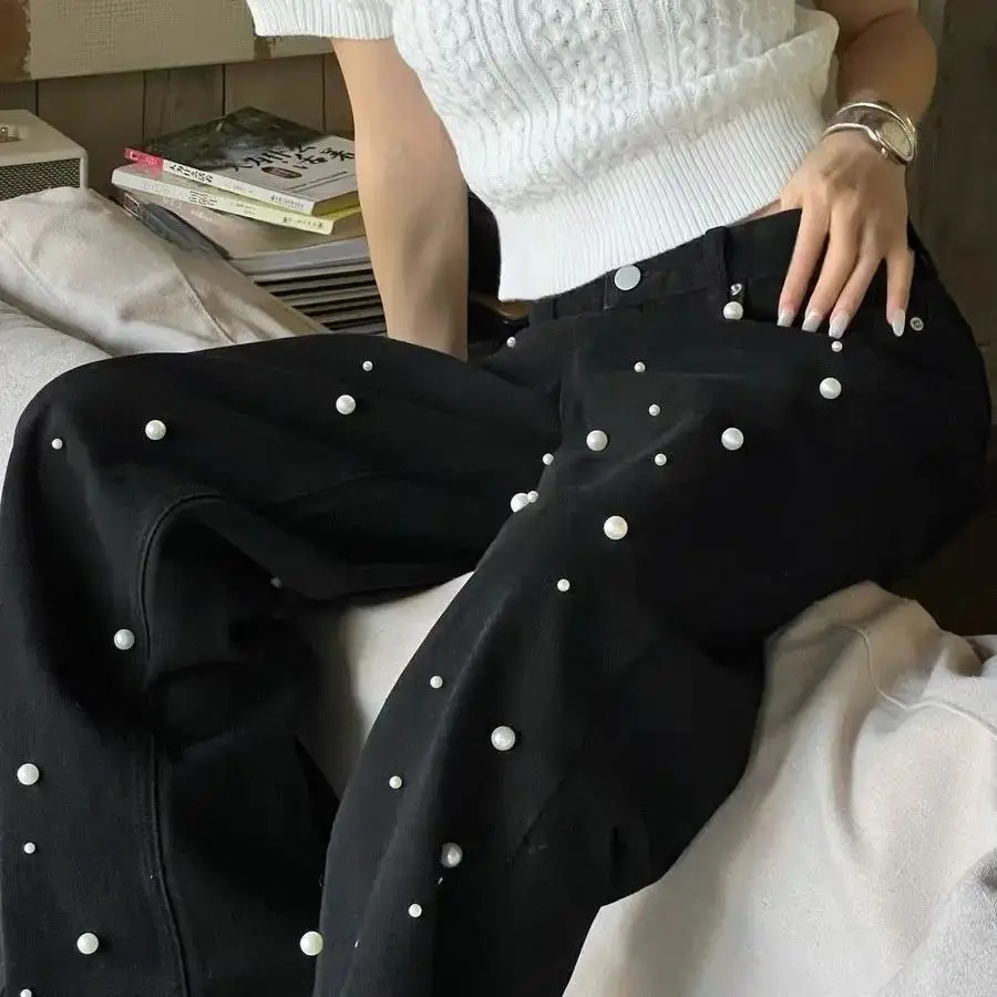 Loose And Fashionable Jeans Baggy Vintage Denim Trousers Pearls Cow Pants Aesthetic Trashy Oversize Clothes 250206