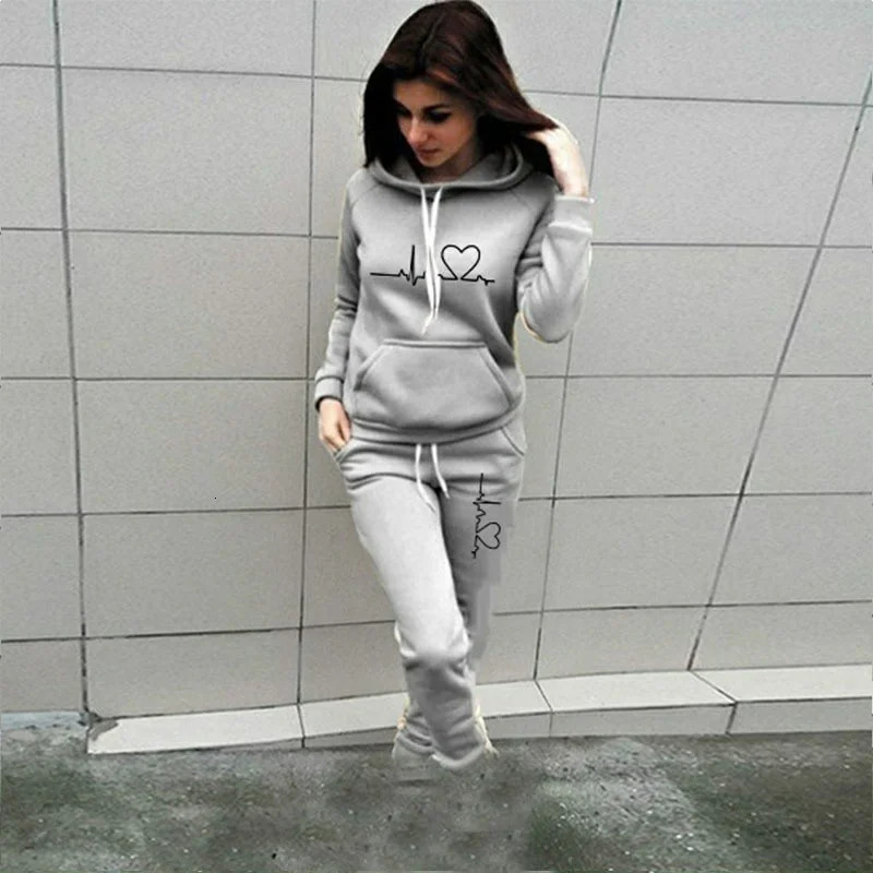 Fun Heartbeat Line Printed Womens Sweatshirt Suit Hooded Pants Suit Womens Jogging Sweatshirt Two Piece Set 250207