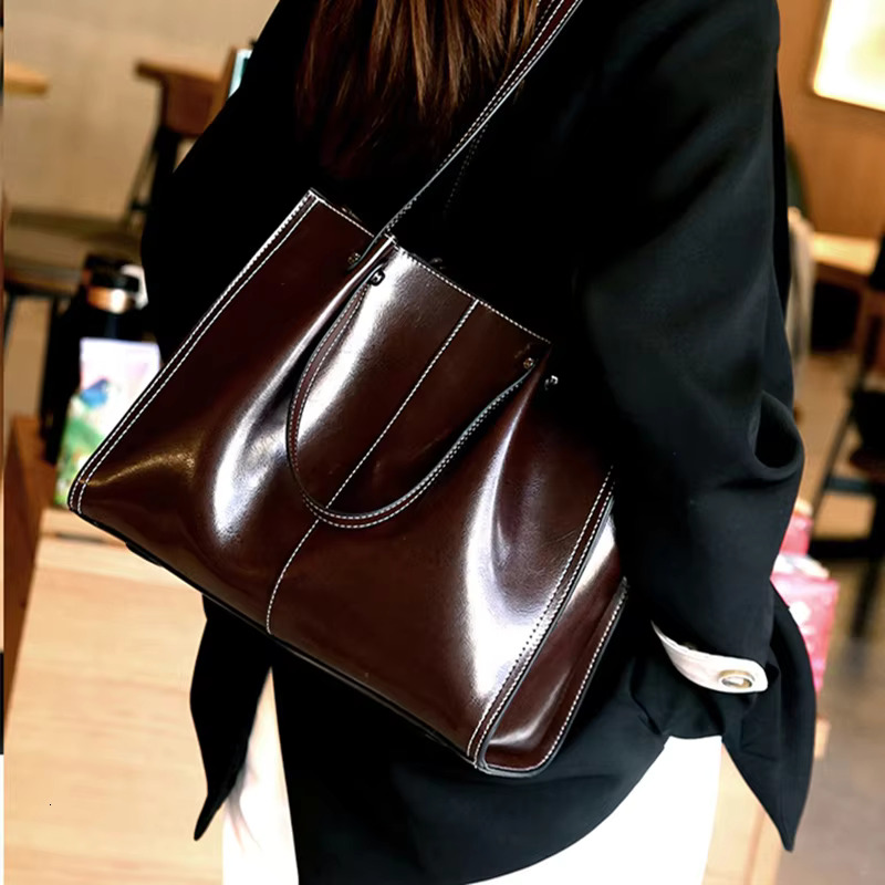 Hifashion Retro Genuine Leather Large Tote For Women 2024 Trend Designer Shopper Female Shoulder Bags Work Ladies Handbags