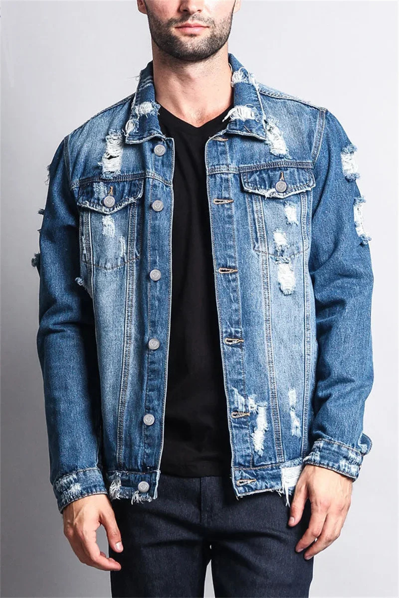 Fashion Trend Mens Broken Holes Denim Jacket Street Casual Male Youth Singlebreasted Splicing Pocket Long Sleeve Slim Fit Coat 250207