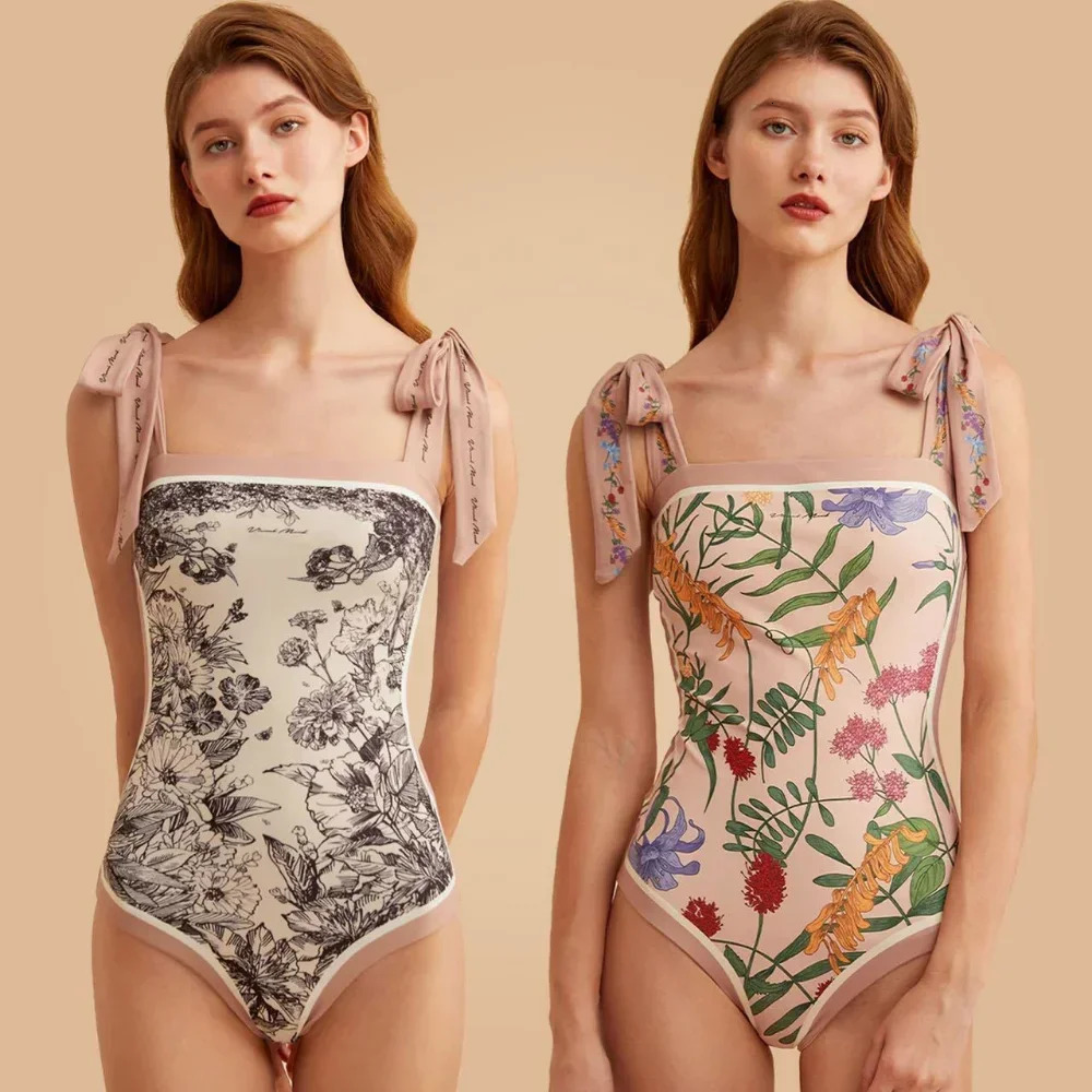 Vintage Printed Double-sided Wear Swimming Bathing Suit Women Bandage Sexy One Piece Swimsuit Beachwear Swimwear Woman 250206