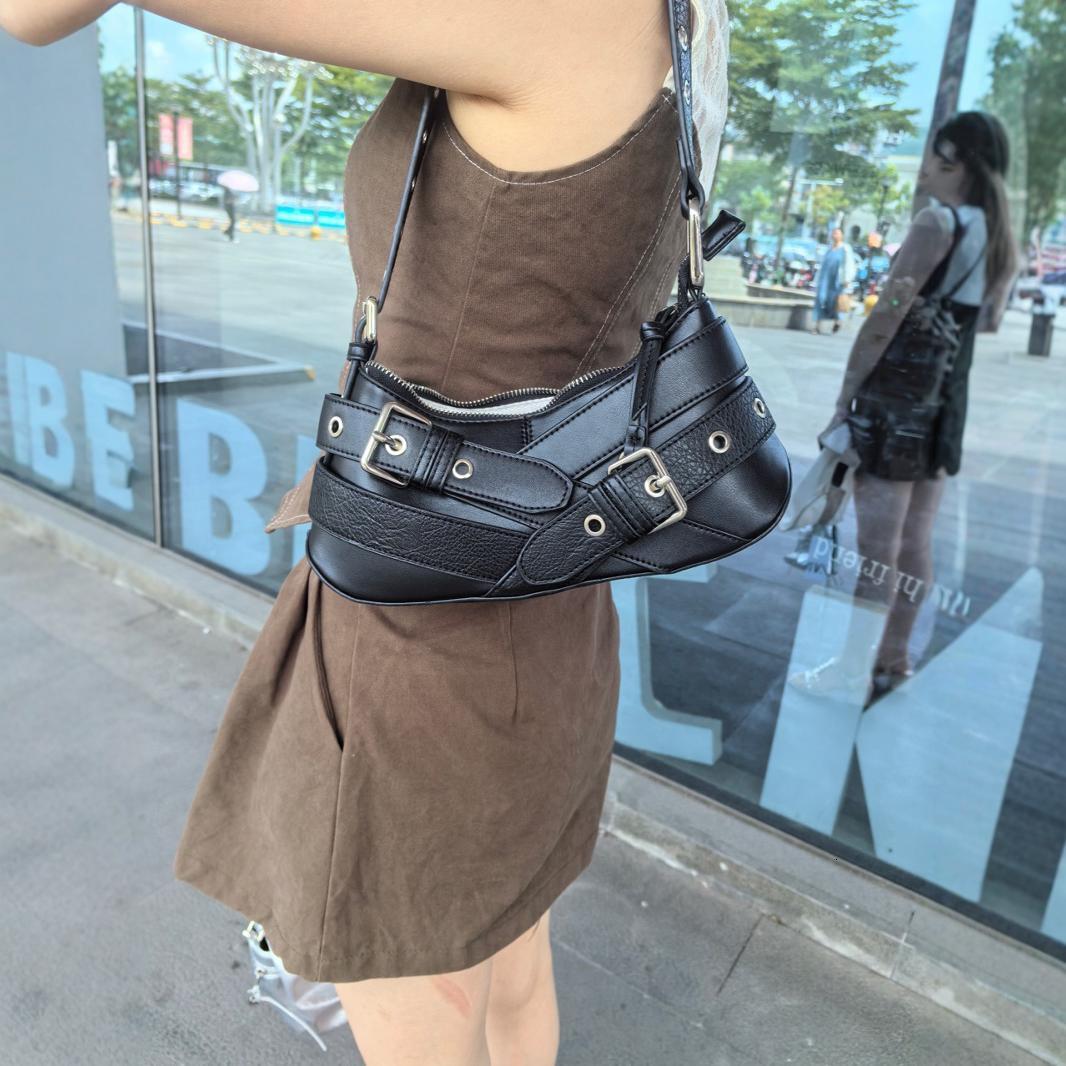 designer bag Women's 2024 Spring New Brown Belt Decoration Fashion Shoulder Underarm Motorcycle Bag Cool Handbag