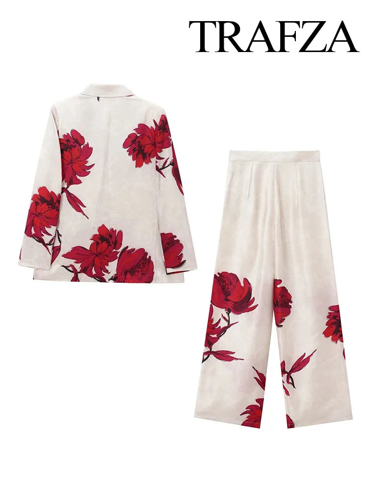 TRAFZA Women 2 Piece Set Elegant Print Lapel Long Sleeves Pocket Decorate Blazer TopSlim Loose Side Zipper Wide Leg Pants 250207