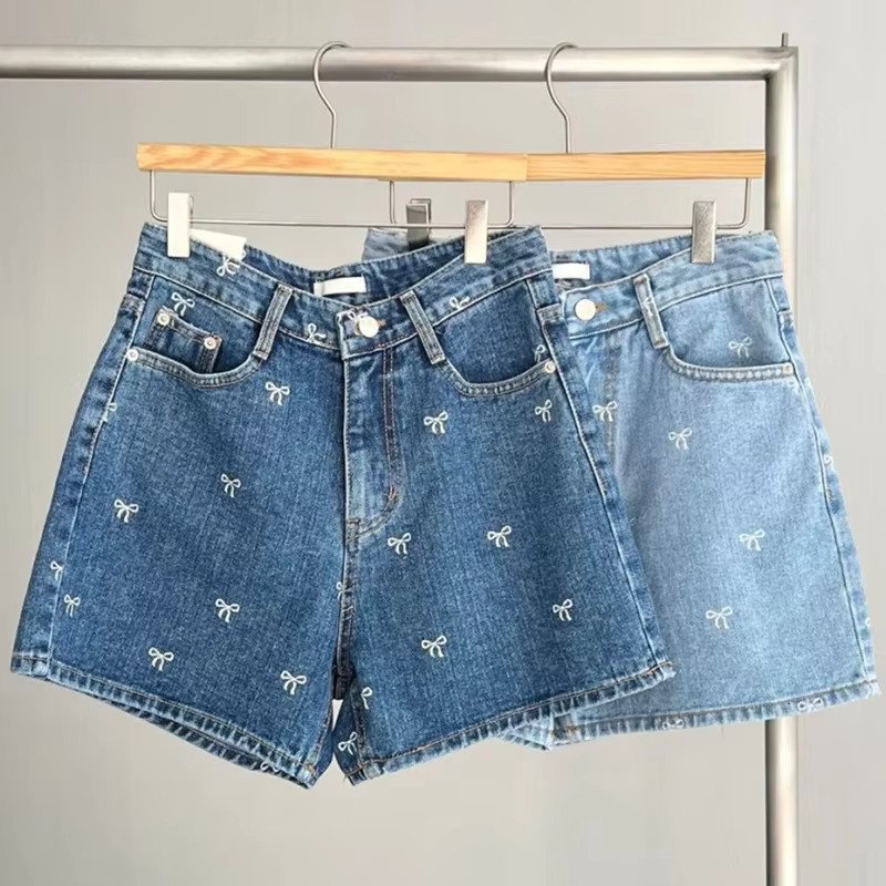 HELIAR Women's Designer Bow Embroidered Cowboy Strap Pocket Fashion Casual High Waist A-e Jeans Shorts Women's Office Pants Summer New Style