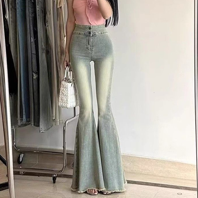 Woman High Waist Streetwear Slim Jeans Female Y2k Clothes Bell Bottom Pants Girls Gothic Black Blue Denim Trousers 250206