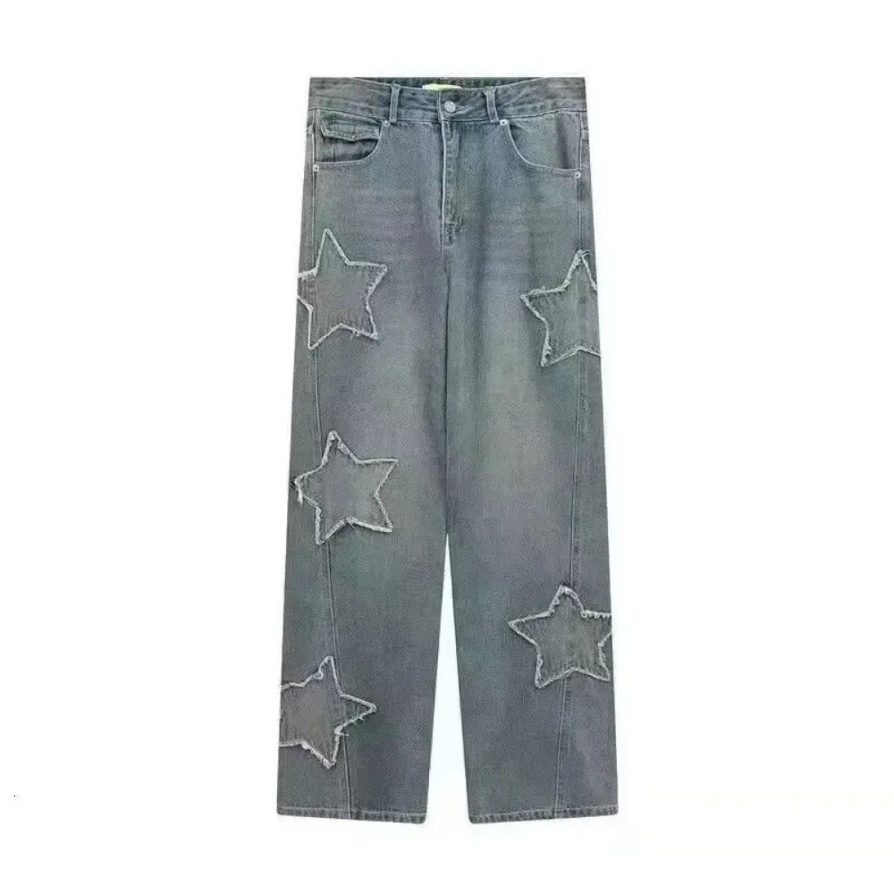 American Retro Star Blue Jeans for Women Korean Ins Highwaisted Straight Wideleg Trousers Baggy Female 250206