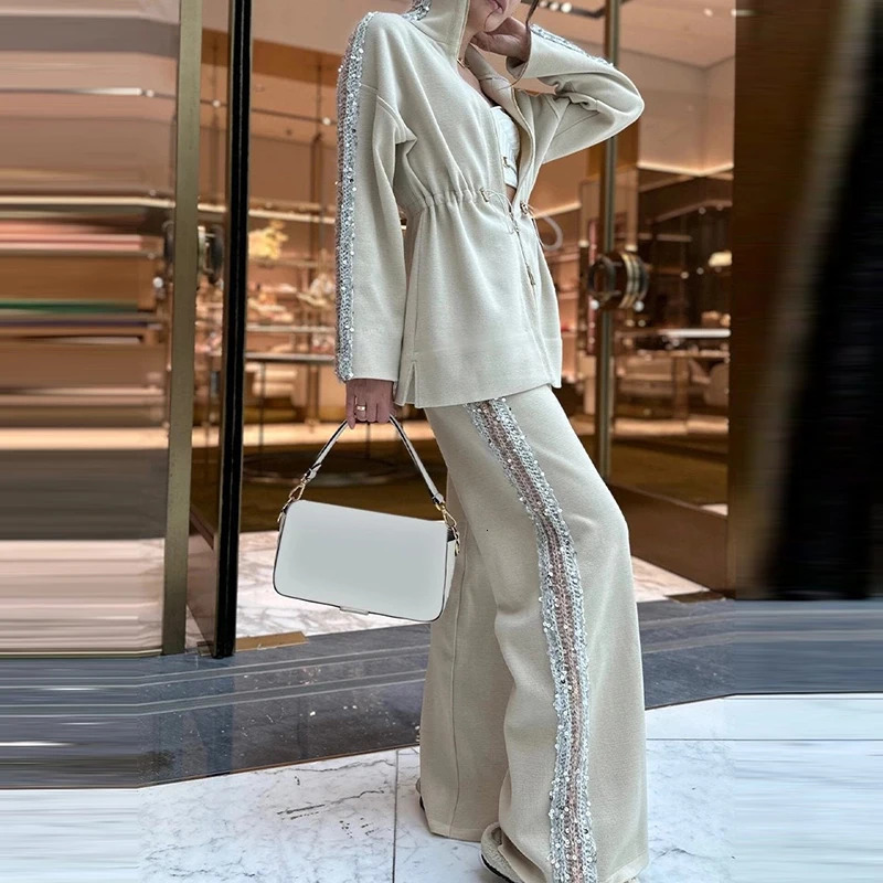 Autumn Winter Long Sleeved Loose Two Piece Set Fashion Sequin Patchwork Straight Suit Women Stand Collar Jacket and Pants Outfit 250207