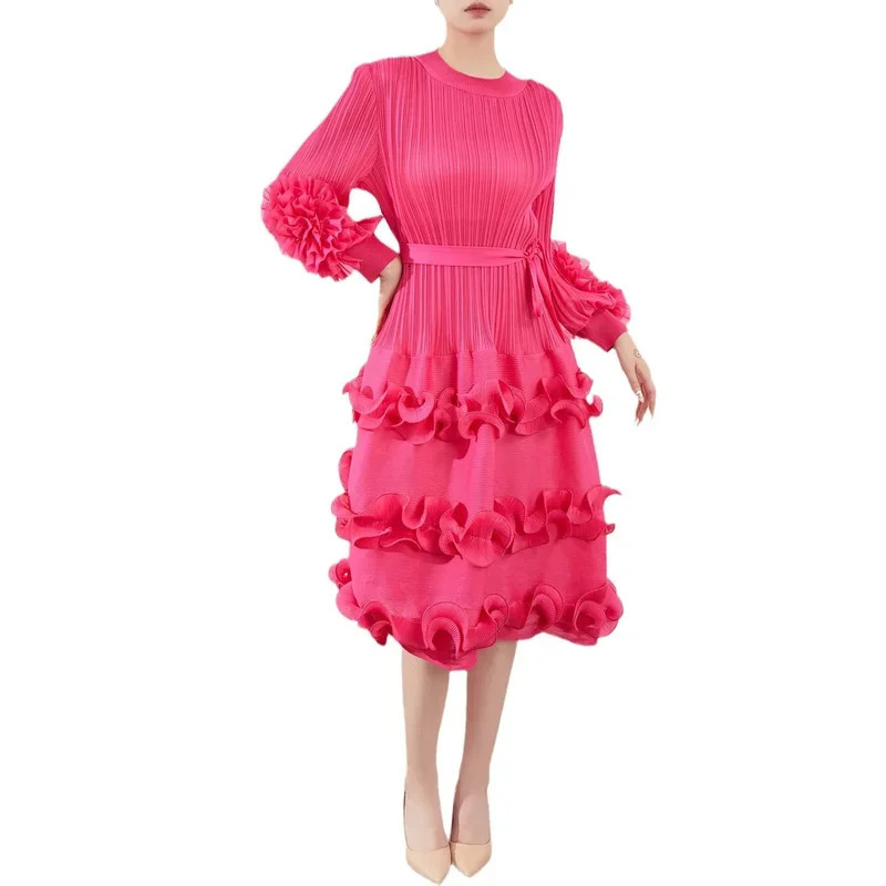 Miyake Pleated Style party Dress for Womens Spring and Autumn Round Neck Loose Slim Irregular Cake Skirt 250208