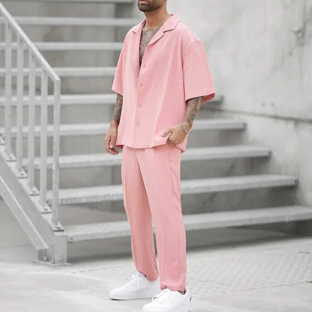 Summer Fashion Shirts and Pants Twopiece Mens Sets Trend Solid Color Male Suit Pink Large Size Sweatshirts Clothing 250207
