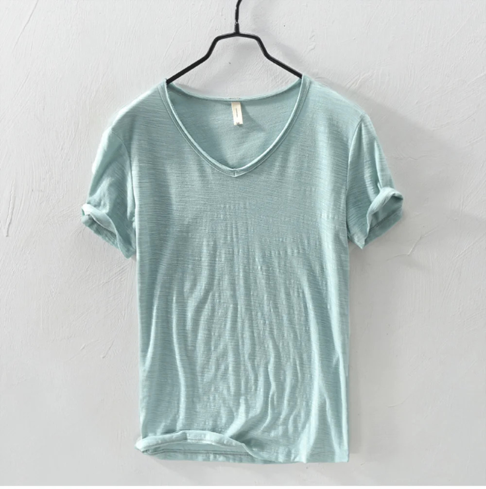 mens T-shirt solid color V-neck short sleeved top tee mens T-shirt 10 color slim fit mens T-shirt 250207