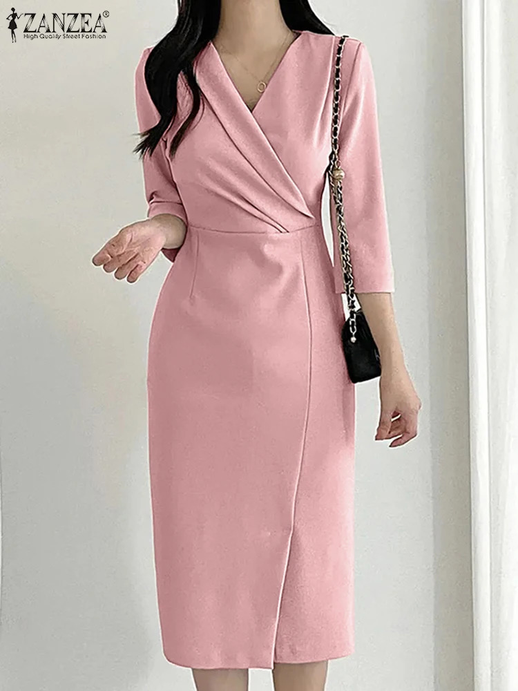 ZANZEA Women Korean Fashion OL Dresses 34 Sleeve Sexy Solid Color Slim Fit Midi Dress 2024 Elegant V Neck Party 250207