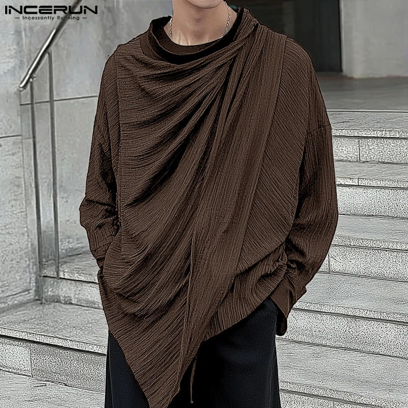 INCERUN Tops Korean Style Fashion Men Pleated Patchwork Shirt Casual Streetwear Men Solid Long Sleeved Loose Blouse 250207