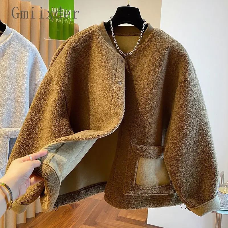 Korean Elegant Casual Lamb Wool Jacket Women American Oversized 2024 Autumn Winter Wear Thickened Suede Fur Top 250113