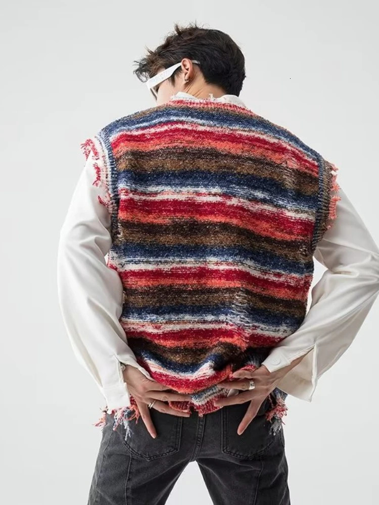 Sweater Vest Men Colorful Hole Raw Edge American Style High Street Males Striped Knitwear Allmatch Fashion Sleeveless Autumn 250110