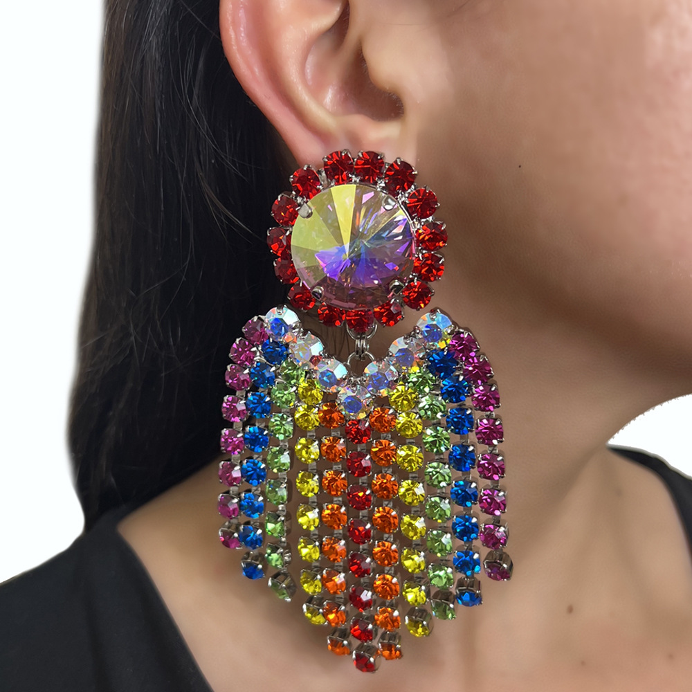 Women's Earrings 2PCS/LOT Bohemian Tassel Earrings Exaggerated Colored Rhinestone Personalized Earrings