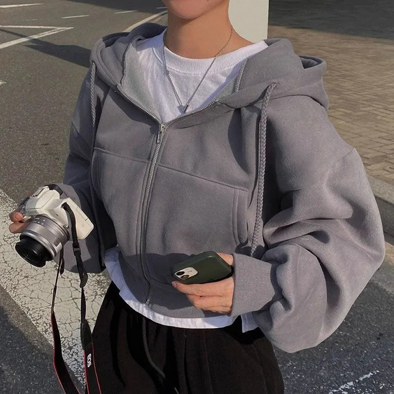 2024 Autumn And Winter Instagramsadd Velvet Fashion Short Slim Zipper Warm Solid Color Hoodie Woman Simple 250208Z