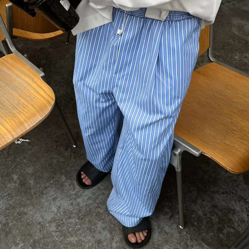 Korean lazy wind Casual Pant Men Women Blue Vertical Stripes Quick-drying Straight Trousers Haruku Loose Wide Leg Unisex Pants