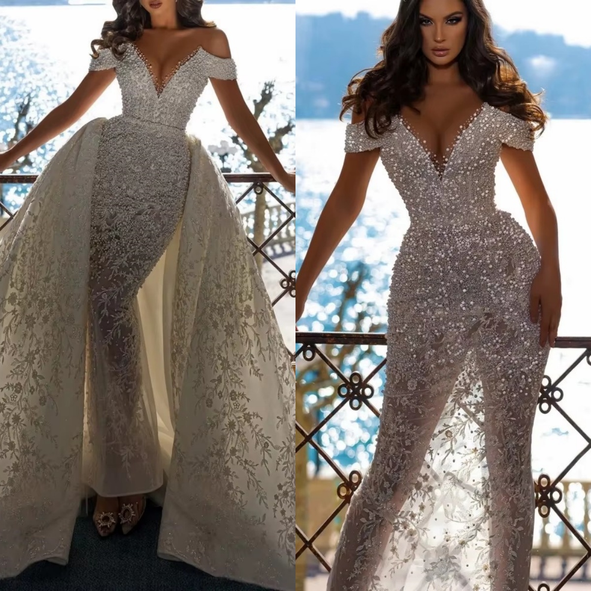 Classic Mermaid Wedding Dress Sheer Neck Off Shoulder Bridal Gowns Sequins Lace Appliques Detachable Train Dresses Custom Made vestidos de novia