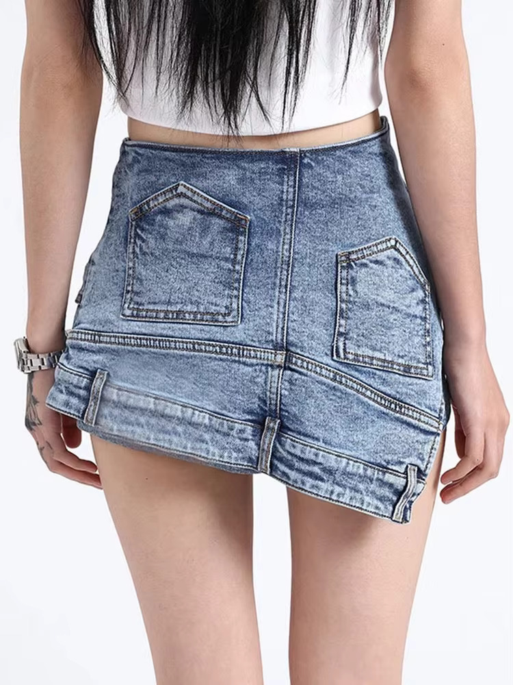 2025 Summer Double Breasted Pocket Women's Irregular Unique Denim Shorts High Waist Splicing Zipper Designer Shorts Women's New Style