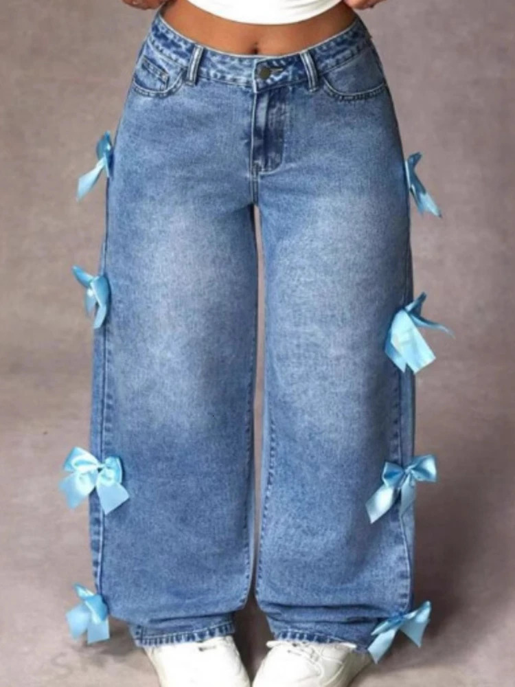 HOUZHOU Women Casual Bowknot Decor Jeans Y2k Blue Baggy Denim Trousers Loose Straight Sweet Coquette Aesthetic Washed Jeans 250206