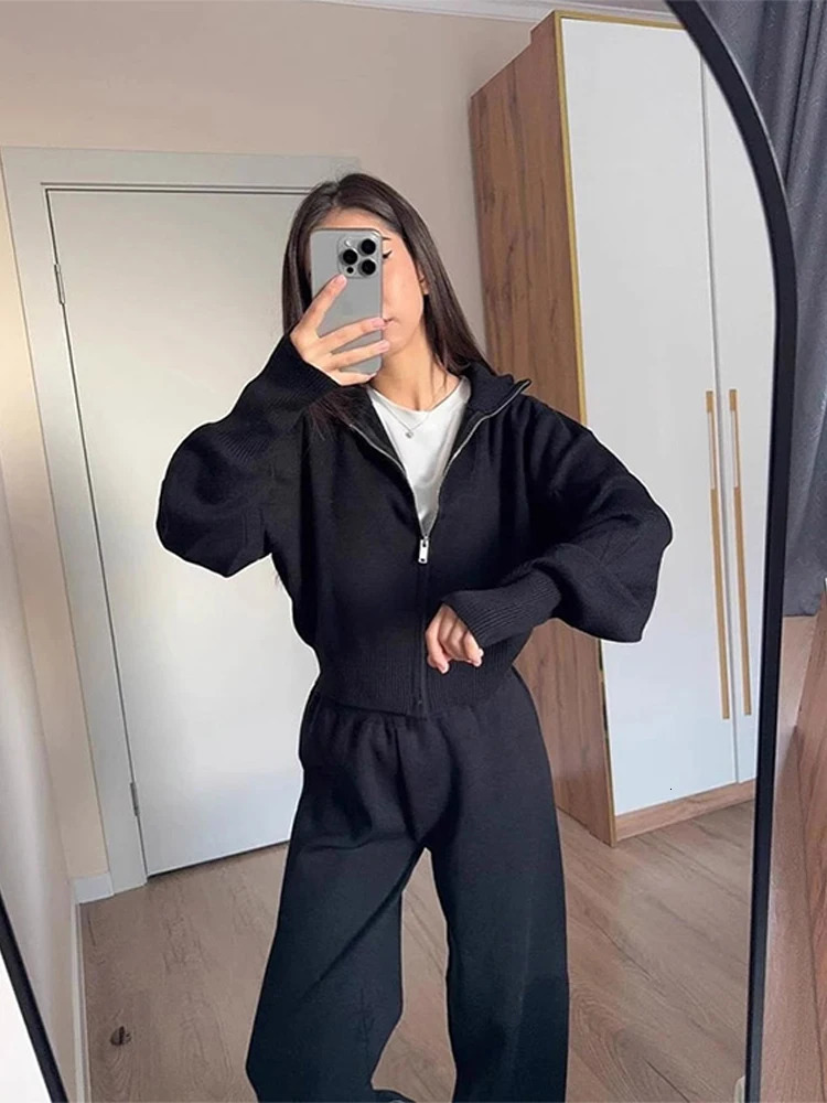 Casual Knit Women Coat Pant Set White Lantern Full Sleeve Coats Female Sets Spring Sport Wide Leg Lady Trousers Suit 250207