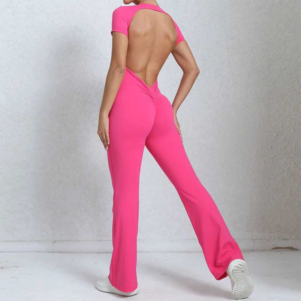 Yoga Outfit Women Sports Flared Pants Fitness Rompers Stretch Workout Bodysuits Jumpsuit Long Sleeves Gym Set Womens Suit Sportswear H250207