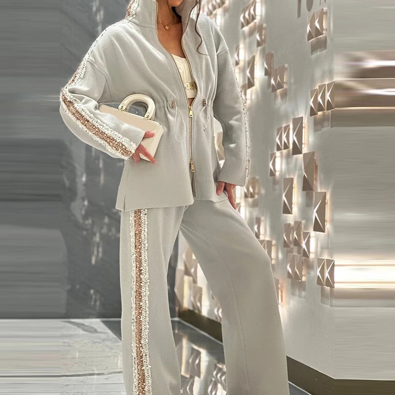 Autumn Winter Long Sleeved Loose Two Piece Set Fashion Sequin Patchwork Straight Suit Women Stand Collar Jacket and Pants Outfit 250207