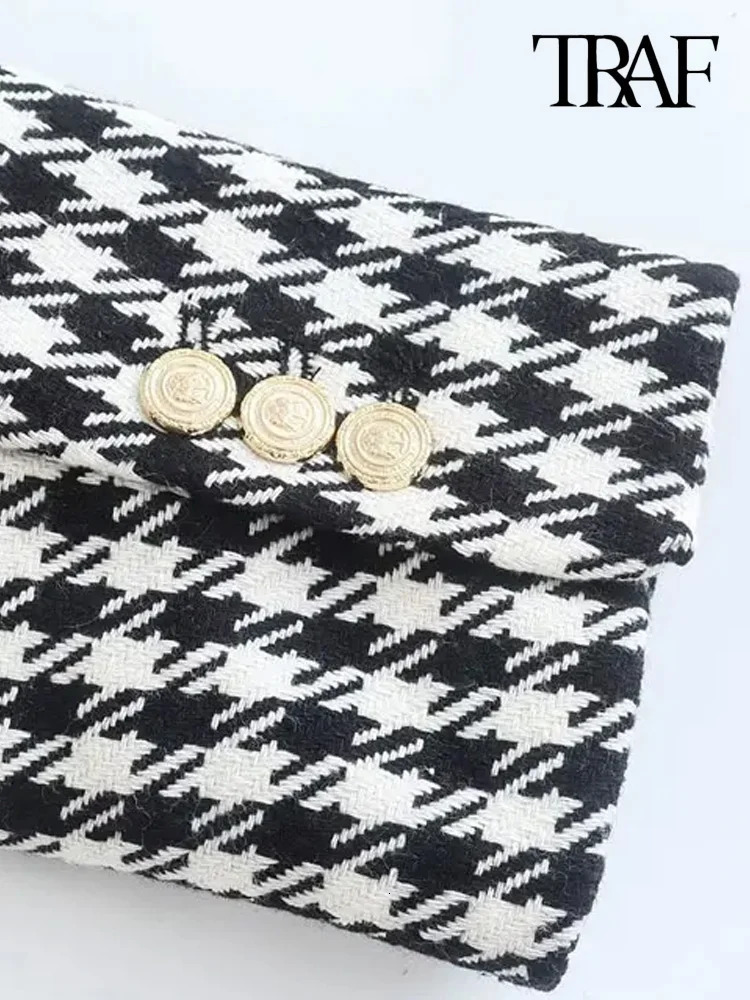TRAF Women Fashion Double Breasted Houndstooth Blazer Coat Vintage Long Sleeve Flap Pockets Female Outerwear Chic Vestes 250208wtt