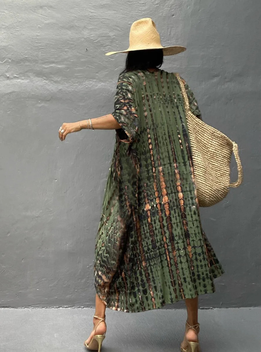 Plus Size Boho Cover Up Womens Animal Print Bat Sleeve V Neck Loose Split Dress 250208Z