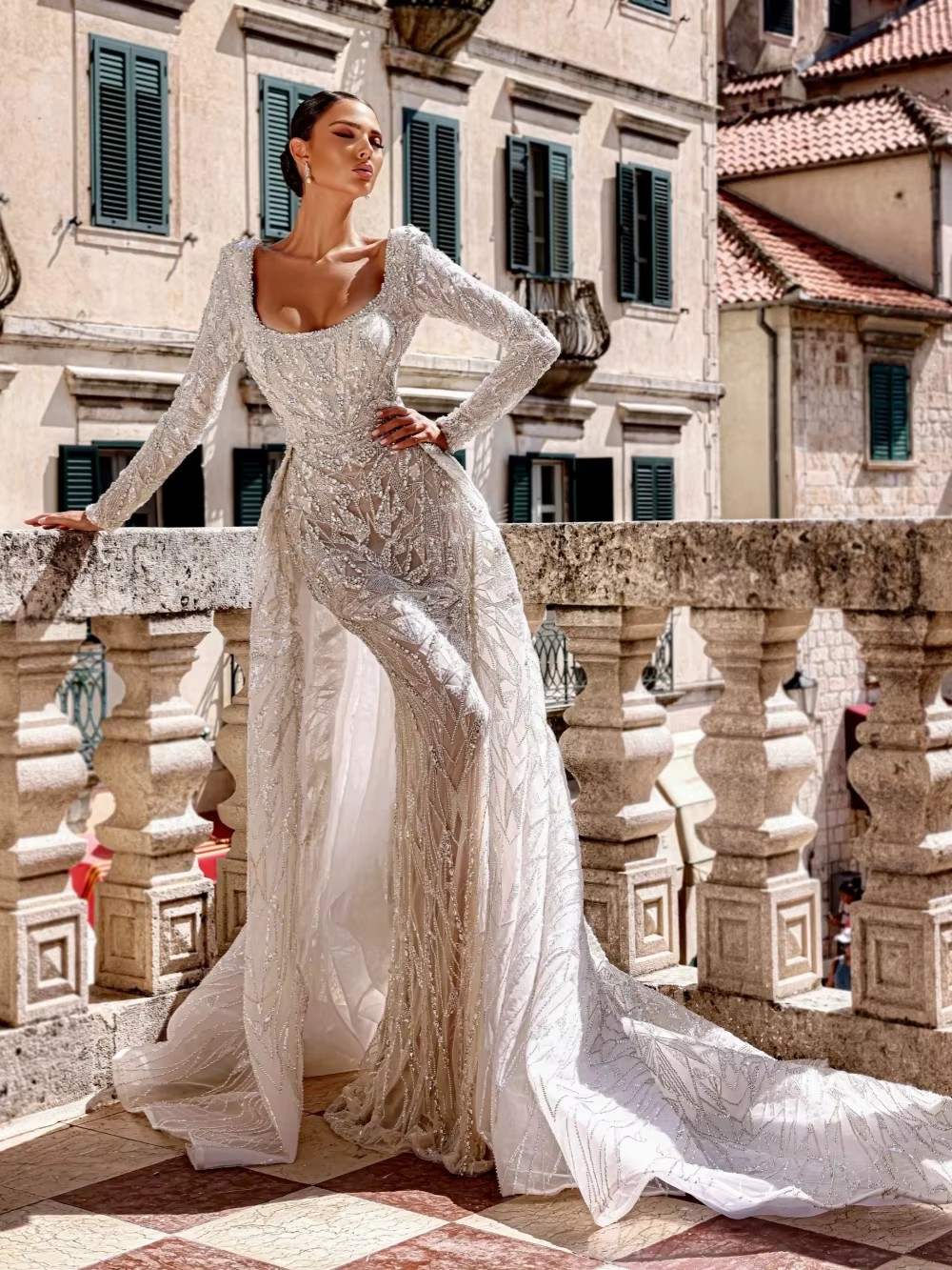 Elegant Mermaid Wedding Dress Scoop Neck Long Sleeves Bridal Gowns Sequins Lace Detachable Train Dresses Custom Made vestidos de novia