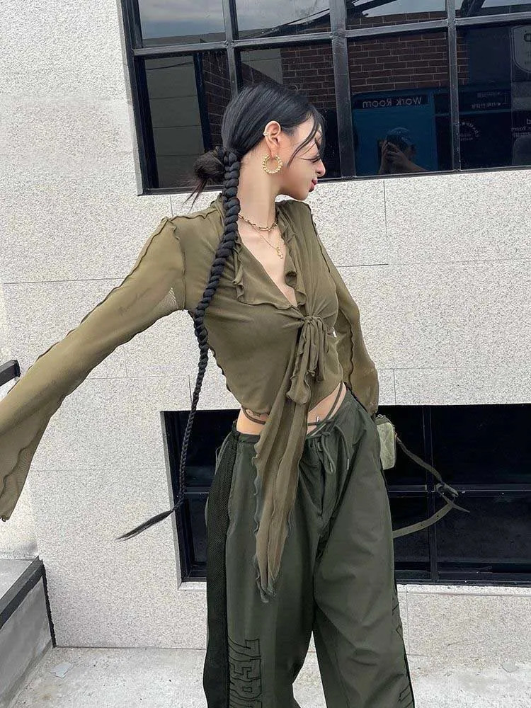 Long Flare Sleeve Blouses for Women Laceup Mesh Sexy Sweet Girls Korean Fashion Style Allmatch Solid n Elegant Casual 250208Z