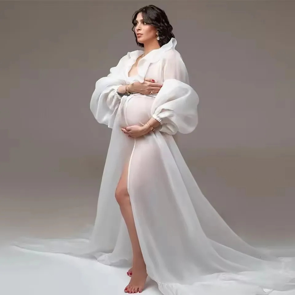 Boho Maternity Po Shoot Chiffon Dress Ruffle Neck Lantern Sleeve With Tie Cord Pregnancy Robe For Baby Shower 250114