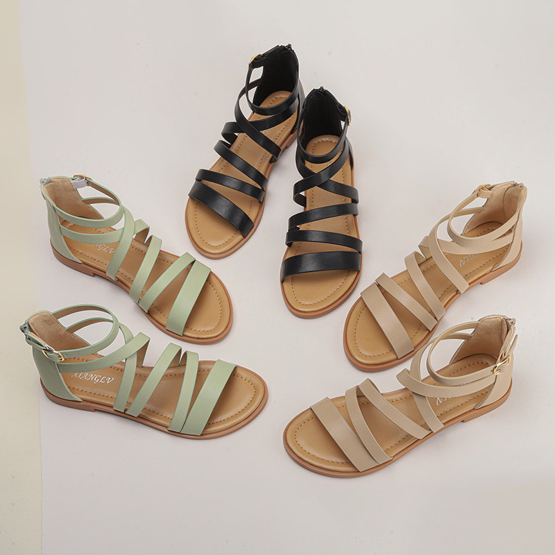 2025 new women's danxuefei leather narrow band braided ankle strap flats sandals open toe summer female sandalias shoes for women 0206