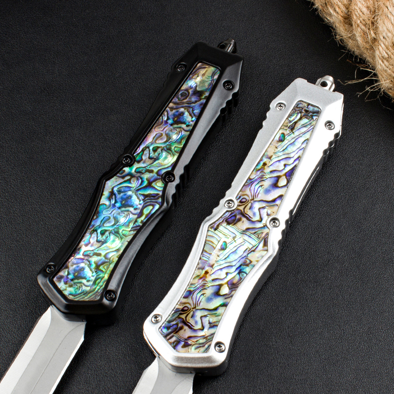 Top Quality Tactical Knife 440C Stone Wash Double Edge Spear Point Blade Zn-al alloy /Abalone shell Handle EDC Pocket Knives 2 Styles