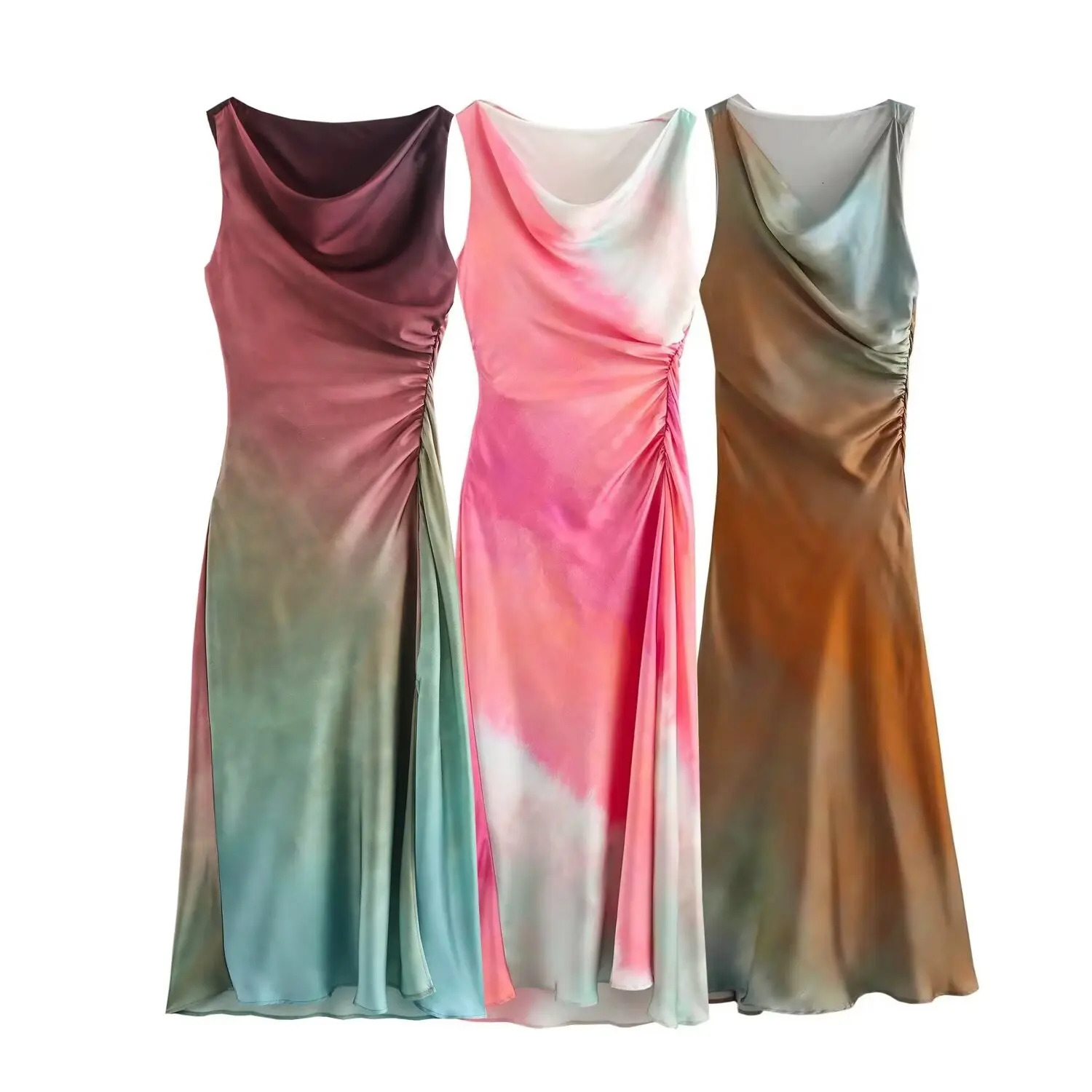 European And American Style Womens Fashionable Simple Pleated Slim Fit Slit Tie Dye Printed Texture MIDI Dress 250207