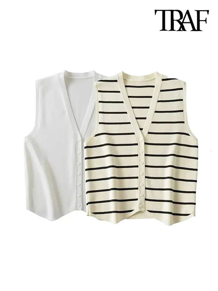 TRAF Women Fashion Front Button Striped Knit Vest Sweater Vintage V Neck Sleeveless Female Waistcoat Chic Tops 250207