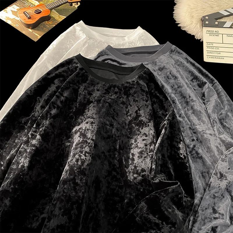 Solid Color Basic Velvet Sweatshirt Fashion Inside Long Sleeve Bottom Shirt Round Neck Tops 250207