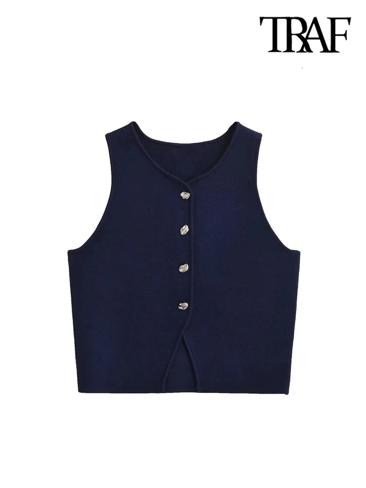 TRAFWomens Front Button Cropped Knit Vest Sweater V Neck Sleeveless Female Waistcoat Chic Tops Fashion 250207