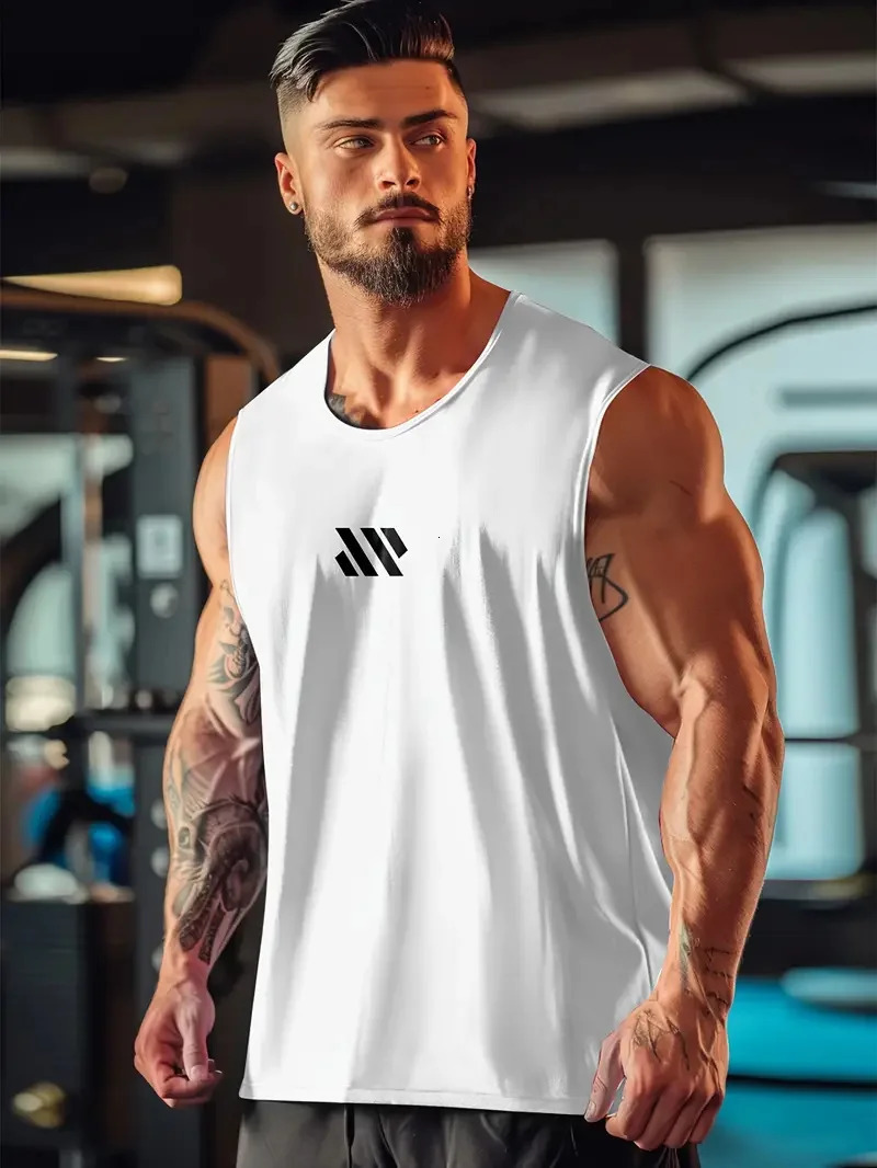 Summer mens solid color monogram round neck sleeveless undershirt daily fitness sports breathable not boring short sleeve 250207