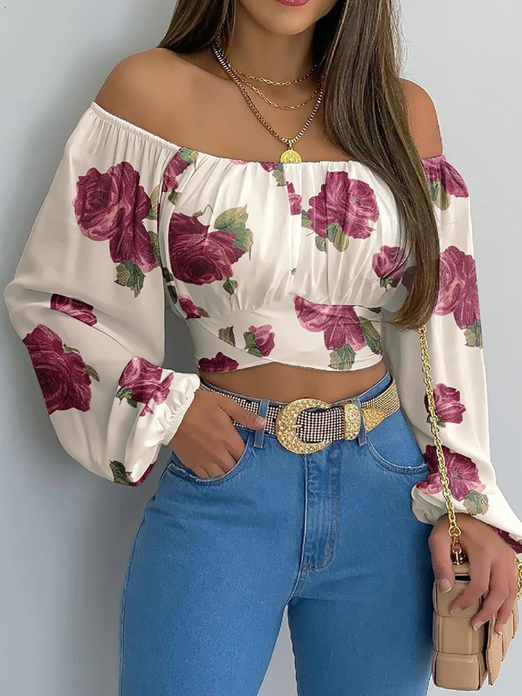 Womens Sexy Off Shoulder Blouse Chic and Elegant Printing Lantern Long Sleeve Lace Up Bow Cropped Tops Casual Slim Shirts 2024 250208Z