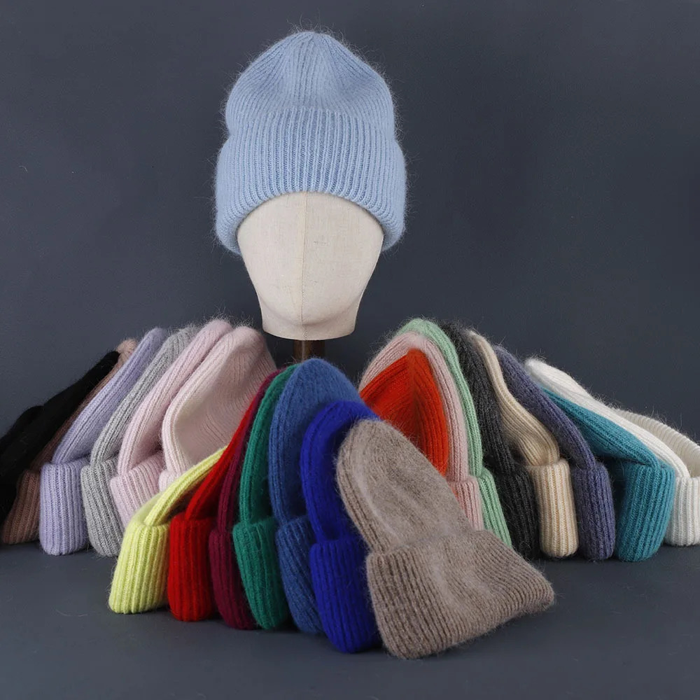 Winter Warm Angora Beanie Hat for Women Girls Rabbit Fur Fluffy Knitted Caps Earflap Soft Warm SKI Snow Outdoor Skullies 250221