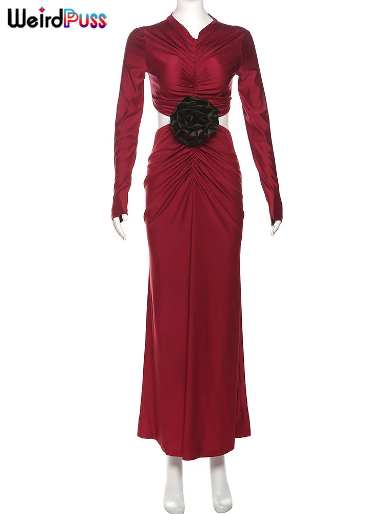 Weird Puss Patchwork Applique Dress Women Fold VNeck Waistless Robe Midnight Party Sexy Elegant Full Sleeve Hipter Long Bodycon 250208wtt