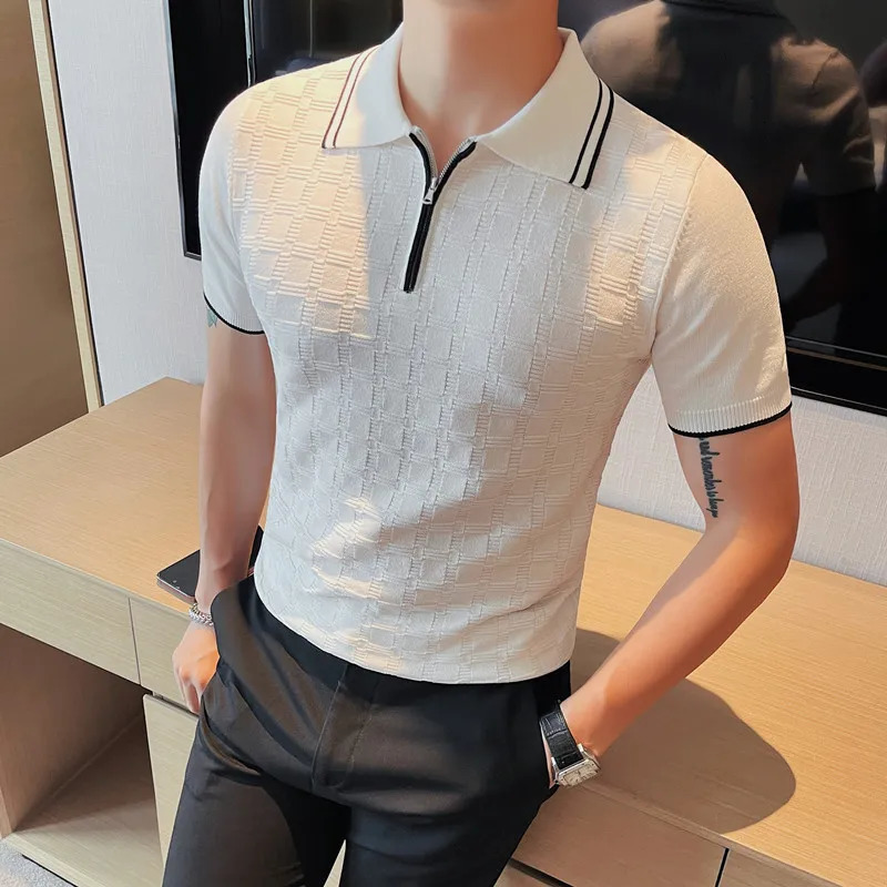 British Style Short Sleeve Tshirts Mens Plaid Knitted Polo Shirt Summer Zipper Decoration Casual Business Tee Tops Clothing 250207