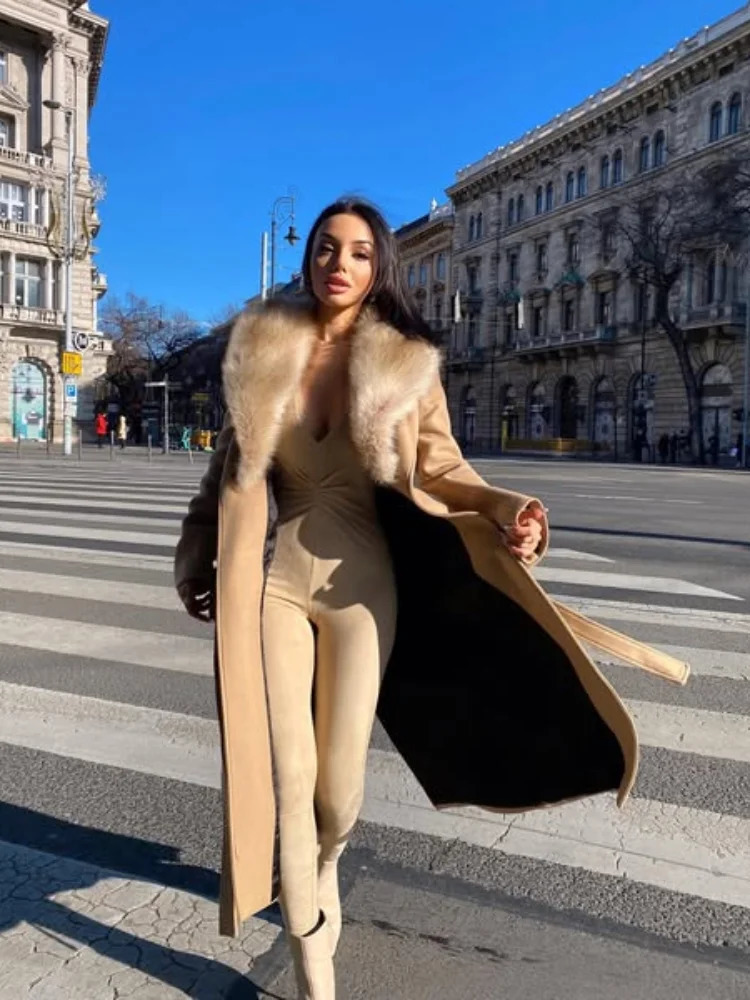 Elegant Fur Lapel Maxi Coat Lace Up Full Sleeve Pocket Wool Long Overcoats 2024 Winter Lady High Street Outwear 250110Z