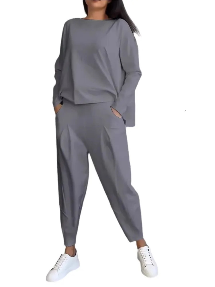 Autumn Winter Solid Color Pants Set Fashion Irregular Long Sleeve Tops Harem Two Piece Casual Female Clothing 250206
