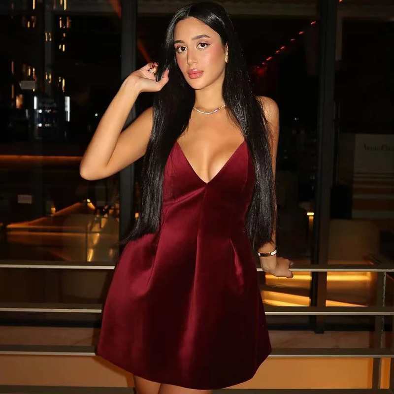 TRAF 2024 Womens Velvet Skirt Wrinkled Tight corset Red Dress Burgundy Sleeveless Backless Tank Top Warm 250206